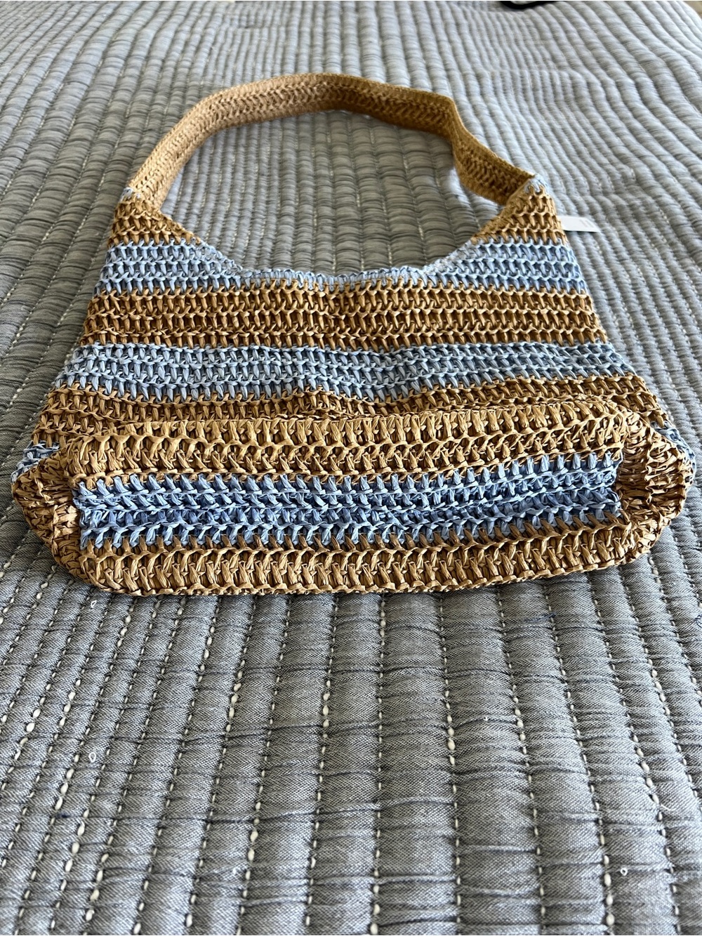 Woven Stripe Raffia Shoulder Bag in Natural and Light Blue - Picture 6 of 10